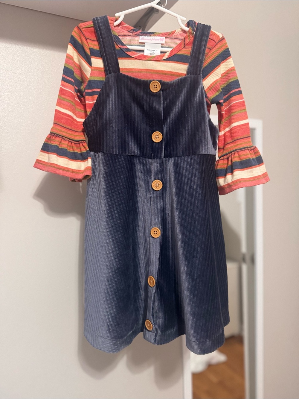 Bonnie Jean Navy Corduroy Button down with Striped Multi-Color Long Sleeve Top